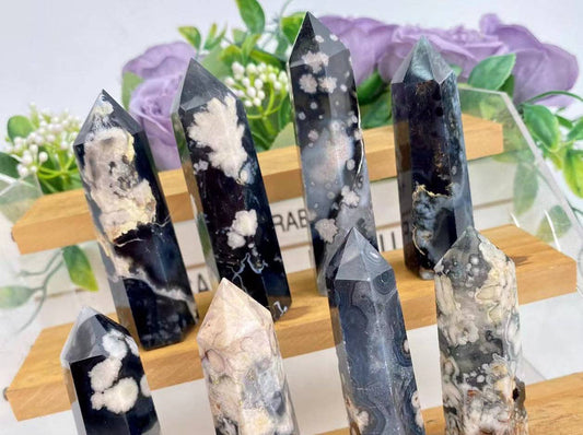 Black Flower Agate Crystal Obelisk Tower Point Generator : 6-8cm