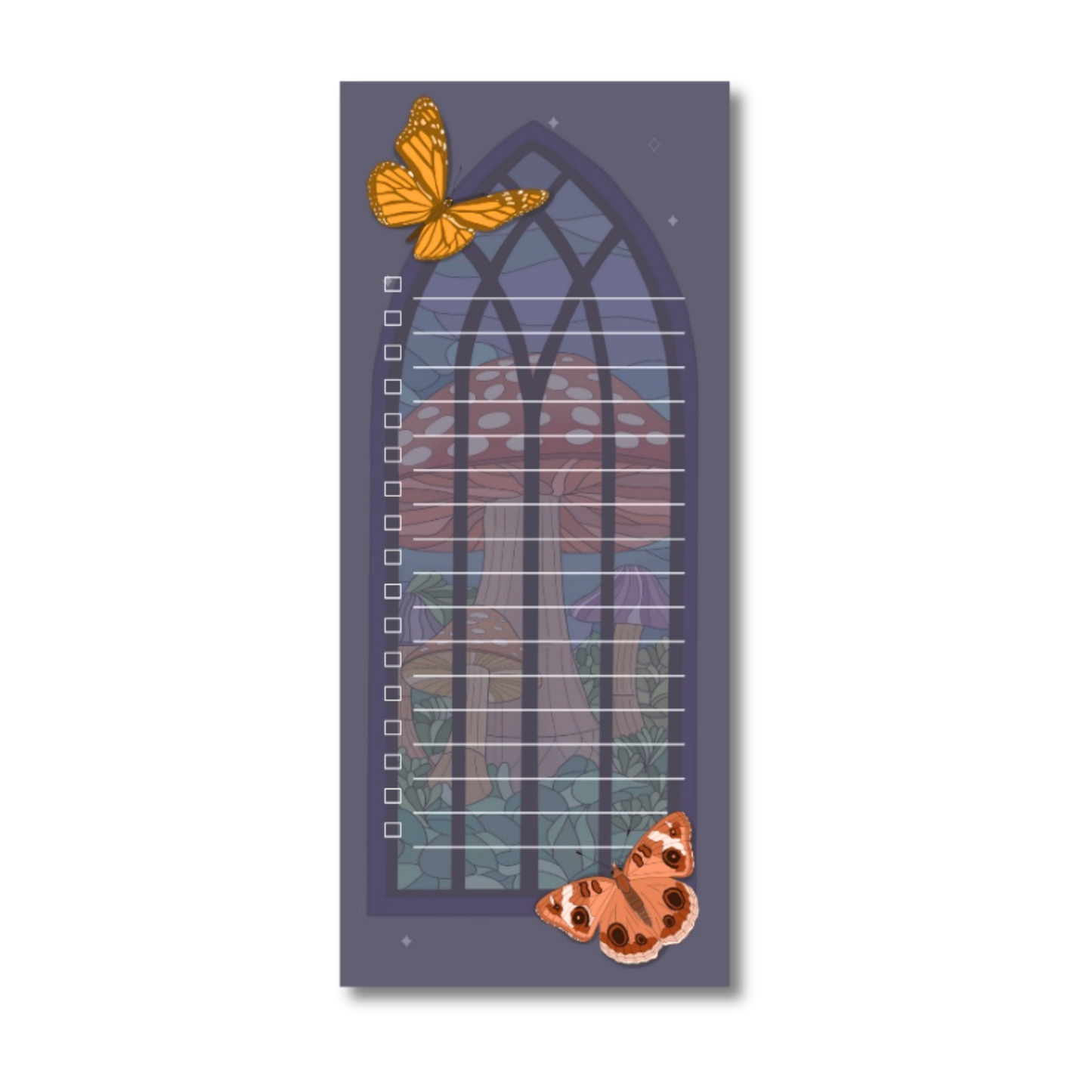 Lined Mushrooms and Butterflies Stained Glass Notepad