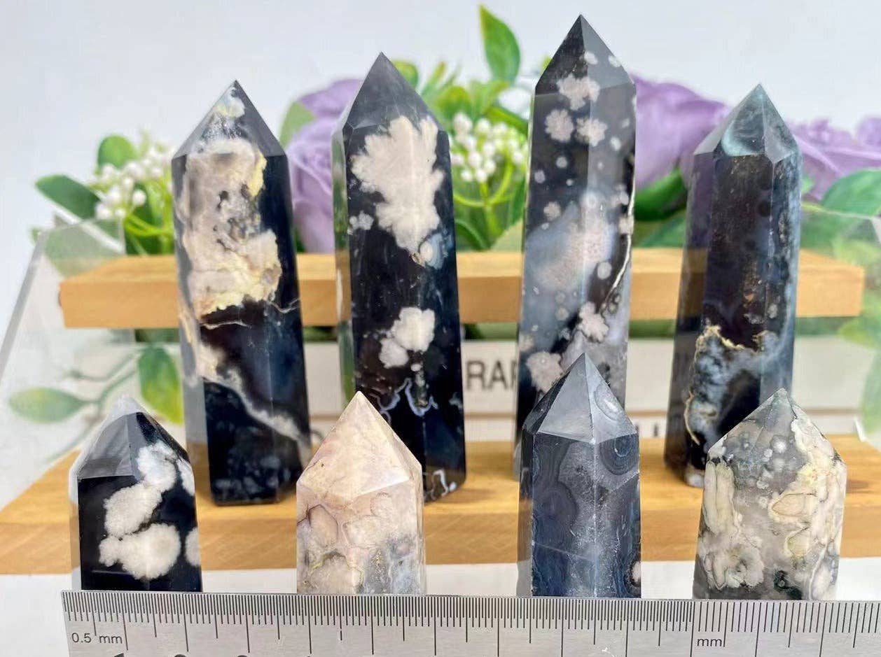 Black Flower Agate Crystal Obelisk Tower Point Generator : 6-8cm